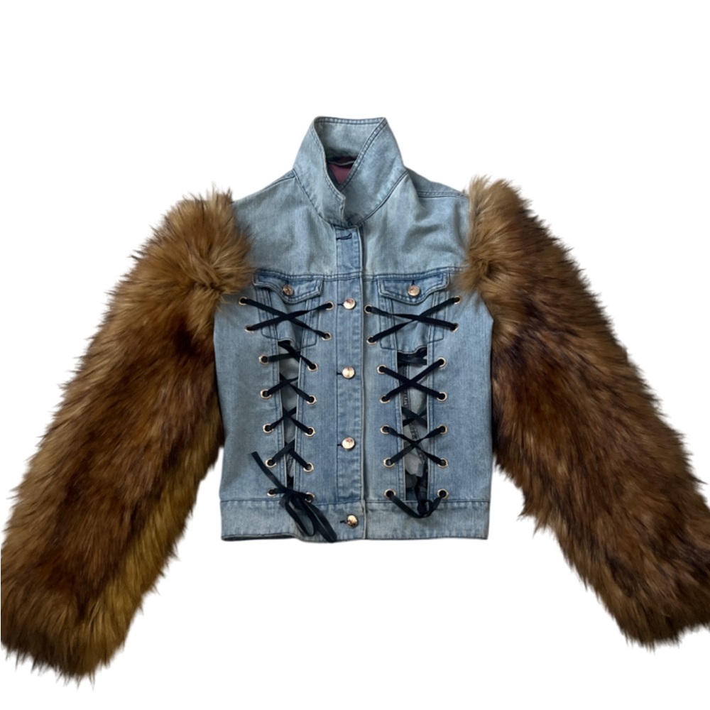 Chic Denim Jacket with Faux Fur Sleeves